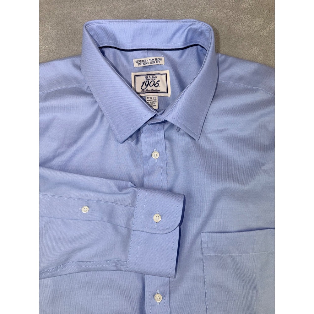 Jos A. Bank 1905 Mens 17.5X34 Extreme Slim Fit Dress Shirt Blue Non-Iron Stretch